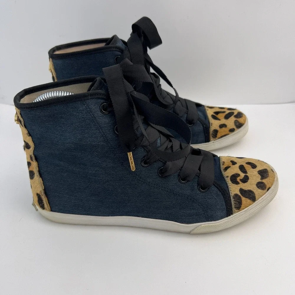 Kate Spade High Top Sneakers Navy Denim Leopard Calf Hair Womens Size 8M